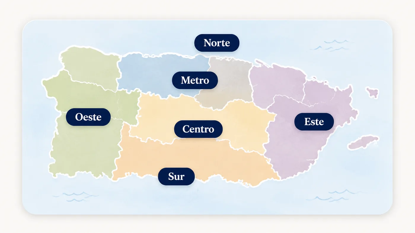 Mapa de Puerto Rico dividido en las regiones Norte, Metro, Oeste, Centro, Este y Sur